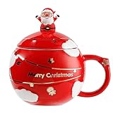 Weihnachtsbecher Keramik Kaffeetasse mit Deckel Löffel Weihnachtsmann Kaffeebecher 400ml Neuheit Weihnachtstasse Teetasse für Kaffee Tee Milch Xmas Geburtstagsgeschenke (Rot)